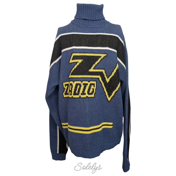 Zadig & Voltaire Défilé Roy Biker Logo Ocean Blue Jacquard Wool Cashmere Sweater - Picture 2 of 13